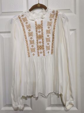 Rebecca Minkoff Cream Blouse with Gold Embroidered Yoke